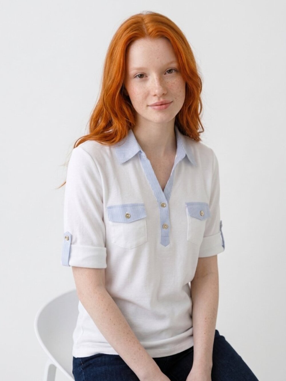 NWT KAREN SCOTT, White with Light Blue Pinstripe Trim Collared Top Size Large